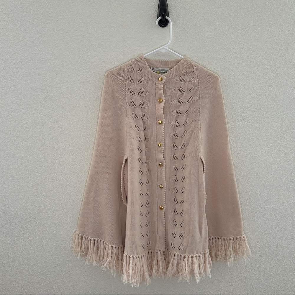 Vintage Leaf Knit Cape Cardigan - Fringe‎ Trim Boho Grandpacore - OS